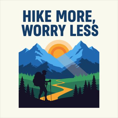 Silhouette of a hiker with a backpack and poles on a mountain path at sunset.