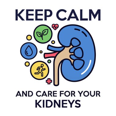 Illustration of a kidney with surrounding icons representing health and wellness.