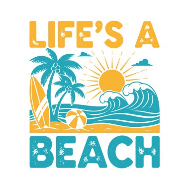A graphic illustration of a beach scene with text that says 
