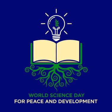 Stylized lightbulb with plant inside above an open book with roots on a blue background