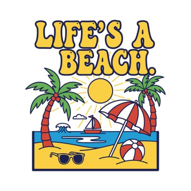 A vibrant cartoon illustration of a beach scene with palm trees, a sailboat, and beach accessories on a white background.