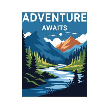 A stylized illustration of a mountain range with a river flowing through a forest under a blue sky.