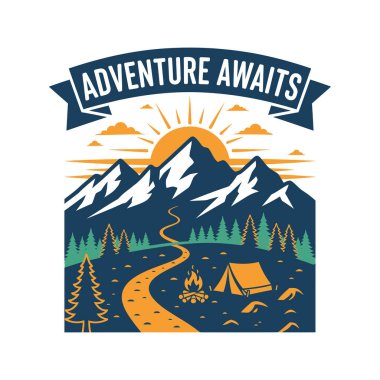 Mountain landscape with a tent campfire and sunrise on a white background