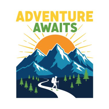 A graphic illustration of a hiker on a mountain path with the text adventure awaits above