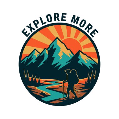 A circular graphic depicts a hiker with a backpack and trekking poles near a river with mountains and a sunburst.