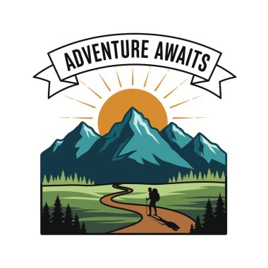 Silhouette hiker on a winding path with mountains and sunrise behind