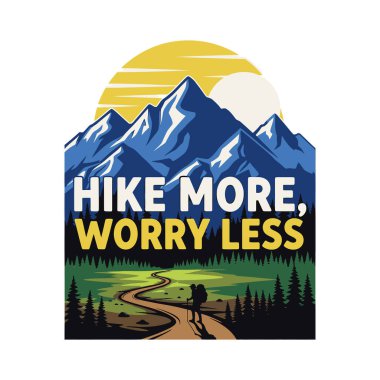 A hiker with a backpack walks on a winding path through a scenic mountain landscape with text.