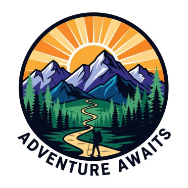 Circular emblem depicting a mountain range with a sunburst, pine trees, and a lone hiker on a winding path.