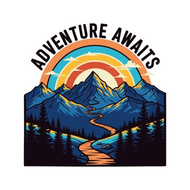 Stylized mountain landscape with a winding river and a vibrant rainbow under a bright sun.