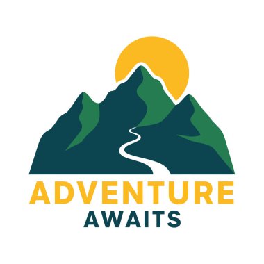 Mountain peaks with a winding path and a sun on a white background