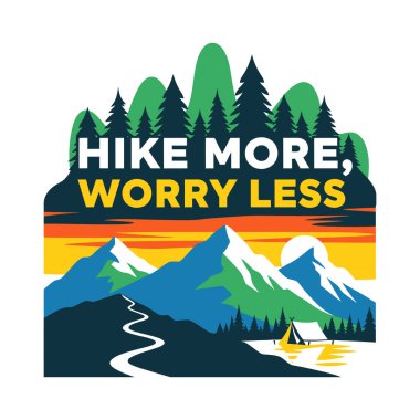 Mountain landscape with trees, sunset, text, and a camping tent on a white background.