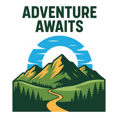 Stylized mountain landscape with trees and a winding road under a blue sky