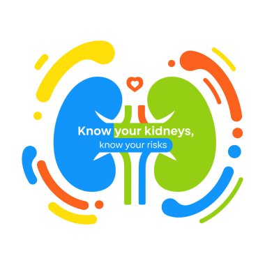 Stylized blue and green kidneys with a red heart above, surrounded by colorful abstract shapes.