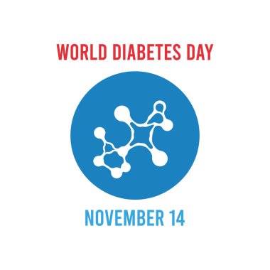Red text reads world diabetes day above a blue circle containing a white molecule graphic.