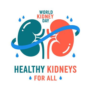 World Kidney Day illustration with two kidneys and text promoting healthy kidneys for all.