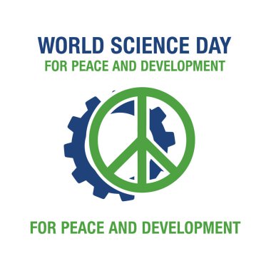 World Science Day for Peace and Development text with a gear and peace sign symbol.