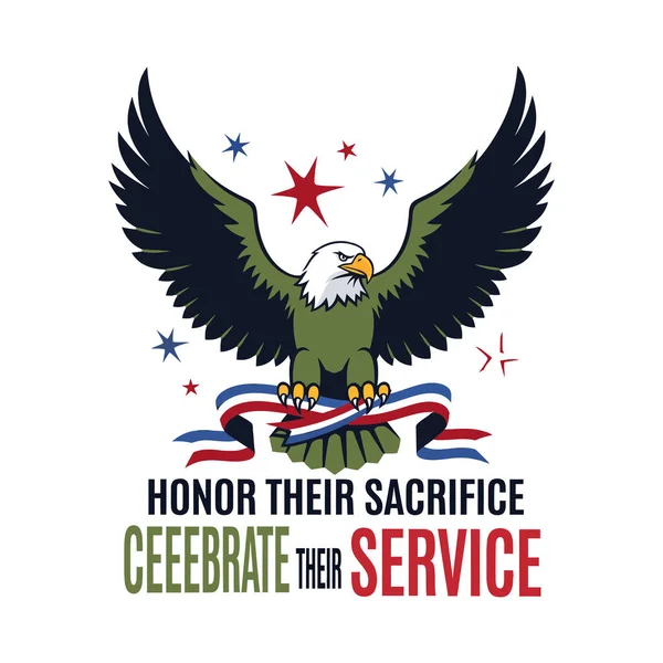 An eagle with spread wings clutches a ribbon with red white and blue stripes.