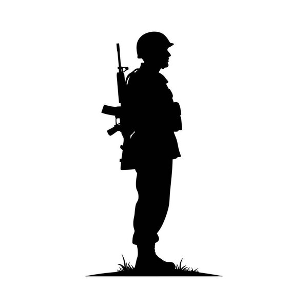 A soldier silhouette stands before a waving American flag with text below.