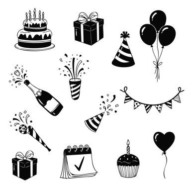 Beyaz arka planda siyah-beyaz doğum günü kutlaması simgeleri