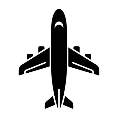 Modern bir uçağın siyah silueti, beyaz arka planda doğrudan yukarıdan görülüyor..