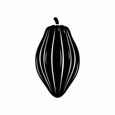 Beyaz arka planda belirgin dikey çıkıntıları olan siyah bir kakao kabuğu silueti.