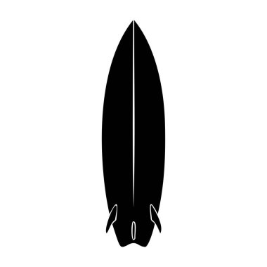 Beyaz arka planda yüzgeçleri olan siyah bir sörf tahtası silueti.