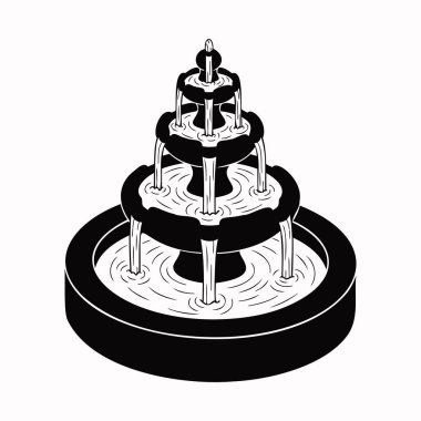 Üzerinde çağlayan su olan katmanlı bir fıskiyenin siyah beyaz çizimi..