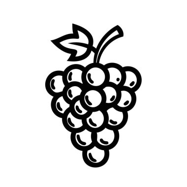 Beyaz zemin üzerinde tek bir yaprak olan bir demet üzümün siyah beyaz çizimi.