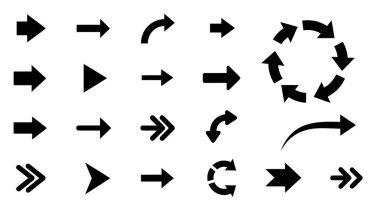 Beyaz arkaplanda çeşitli siyah ok simgelerinden oluşan bir koleksiyon.