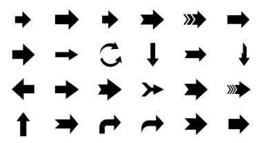 Beyaz arkaplanda çeşitli siyah ok simgelerinden oluşan bir ızgara.