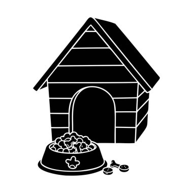 Beyaz arka planda bir kase yemek ve kemik olan bir köpek kulübesinin siyah silüeti..