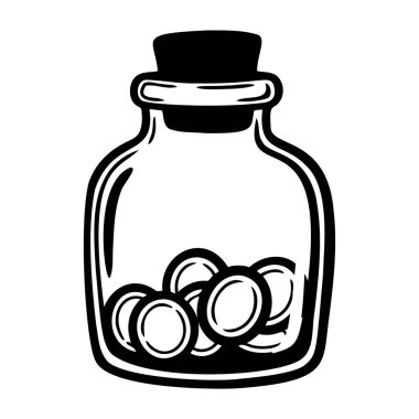 Bozukluklarla dolu kapaklı cam bir kavanozun siyah beyaz çizimi..