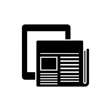 Bir gazetenin siyah simgesi beyaz arkaplan üzerindeki tablet ekranda.