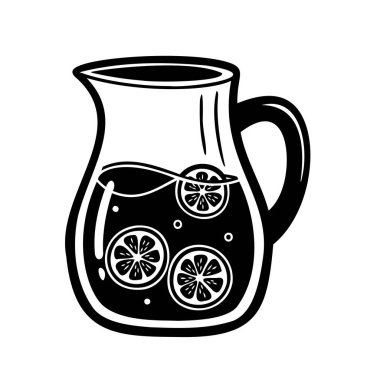 Sıvı ve narenciye dilimleriyle dolu bir sürahinin siyah beyaz çizimi..