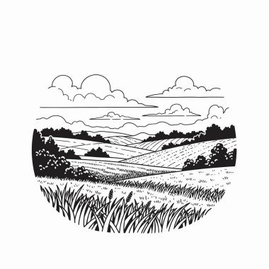 Bulutlu bir gökyüzünün altında yuvarlanan alanların siyah ve beyaz çizimi.