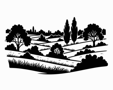 Beyaz bir zemin üzerinde ağaçlar, çalılar ve tarlalar olan yuvarlanan bir manzaranın siyah silueti..
