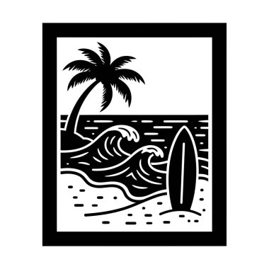 Sörf tahtası ve palmiye ağacıyla tropik bir plaj sahnesinin siyah beyaz çizimi.