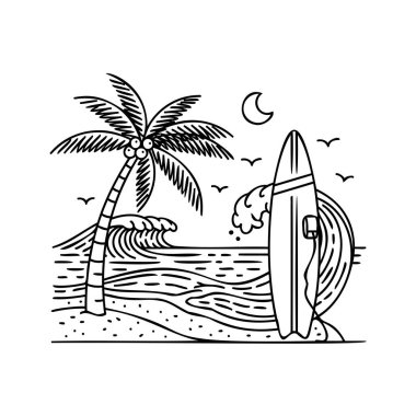 Sörf tahtası, palmiye ağacı, okyanus dalgaları ve hilal ay olan bir sahnenin çizgi çizimi..