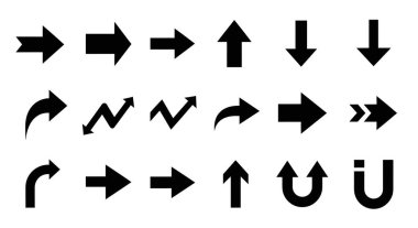 Beyaz zemin üzerinde çeşitli yönleri gösteren siyah ok simgeleri koleksiyonu.