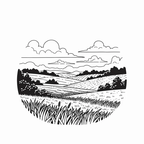 Bulutlu bir gökyüzünün altında yuvarlanan alanların siyah ve beyaz çizimi.