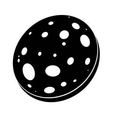 Yuvarlak bir peynir diliminin siyah silueti, çeşitli boyutlarda delikleri temsil eden beyaz dairelerle betimlenmiş. Peynirin hafif kıvrımlı bir kenarı var, bu da üç boyutlu bir forma işaret ediyor. Temiz bir şekilde sunuluyor, peyniri tek fok dilimi haline getiriyor.