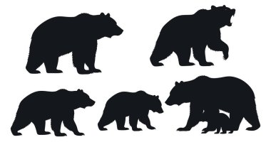 A 'ya karşı beş adet siyah ayı ve yavru silueti. Koleksiyonda ayakta durmak, yürümek ve kükreyen bir duruş da dahil olmak üzere çeşitli pozlarda yetişkin ayılar yer alıyor. Ayrı bir siluet, iki küçük yavruyla yürüyen anne ayıyı tasvir eder.