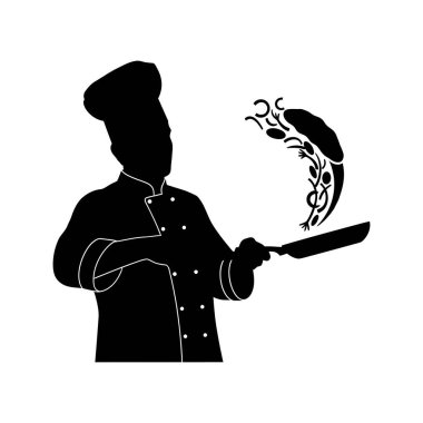 Beyaz, şefin silueti bir tavayla yemek pişiriyor ve yemekleri stilize ediyor. Çeşitli uygulamalar için uygun ölçeklenebilir tasarım. Yazdırma ve dijital ortam için uygun ölçeklenebilir biçim.