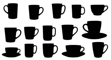 Siyah kupa ve bardak siluetlerini içeren bir resim. Çeşitli uygulamalar için uygun ölçeklenebilir tasarım. Yazdırma ve dijital ortam için uygun ölçeklenebilir biçim.