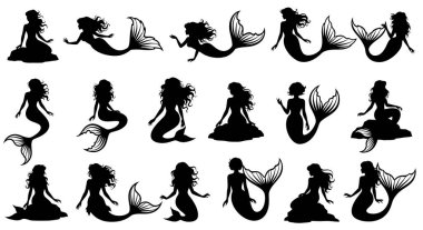 Her biri çeşitli poz ve stillerde tasvir edilmiş 15 farklı siyah deniz kızı çizimi koleksiyonu. Dalgalı saçlarını ve kendine özgü balık kuyruklarını sergileyerek sunuyorlar. Siluetler bir dizi zarif ve...