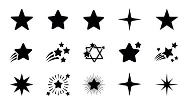 Yıldızları ve parıltıları temsil eden çeşitli siyah siluet simgelerinden oluşan bir koleksiyon. Sette farklı yıldız şekilleri, dört köşeli yıldızlar, kayan yıldızlar ve yıldız patlamaları yer alıyor. Bu simgeler, grafik tasarımı ve web elementlerinde kullanmak için idealdir.,