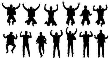 Çeşitli atlama ve koşma pozlarında on iki siyah erkek silueti. Bazıları kutlama için kollarını kaldırırken, diğerleri havada veya kaçıyor. Rakamlar iki sıra halinde dizilmiş, bir dizi dinamik cephane sergiliyorlar.