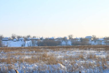 Karla kaplı evleri olan kış manzarası