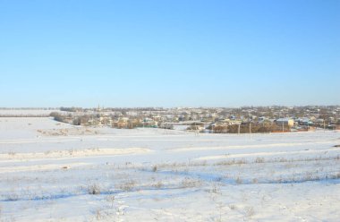 Orenburg, Rusya 'da. Kış manzarası. Rusya Köyü, Orenburg Bölgesi, Rusya