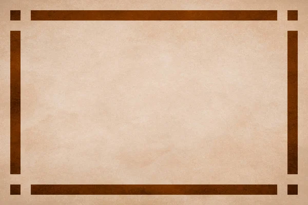 Tan textured parchment paper background with brown geometric border trim of rectangle lines and squares in corners.